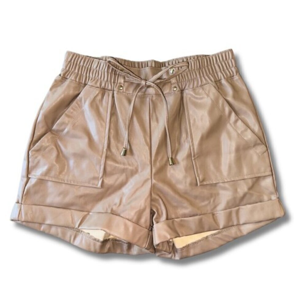 Brown Tan Vegan Leather Shorts Women Rolled Hem Size Small Elastic Waistband